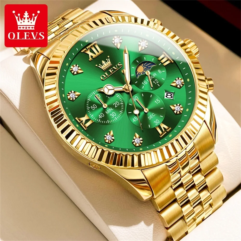 OLEVS 2024 New Original Quartz Watch for Men Gold Stainless Steel Waterproof Chronograph Moon Phase Top Luxury Brand Men\'s Watch