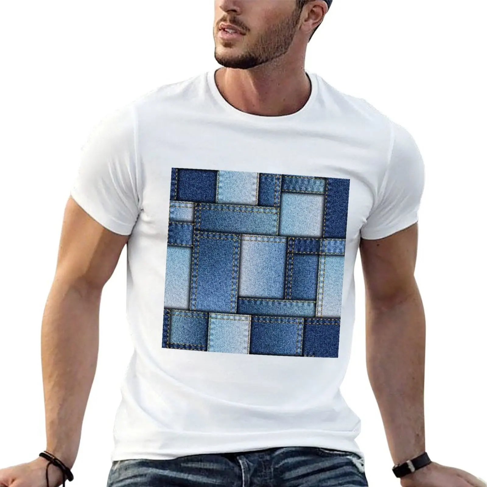 Denim patchwork T-Shirt t shirt for man 100 percent cotton graphic t shirts for man funny t shirts cotton T-shirt