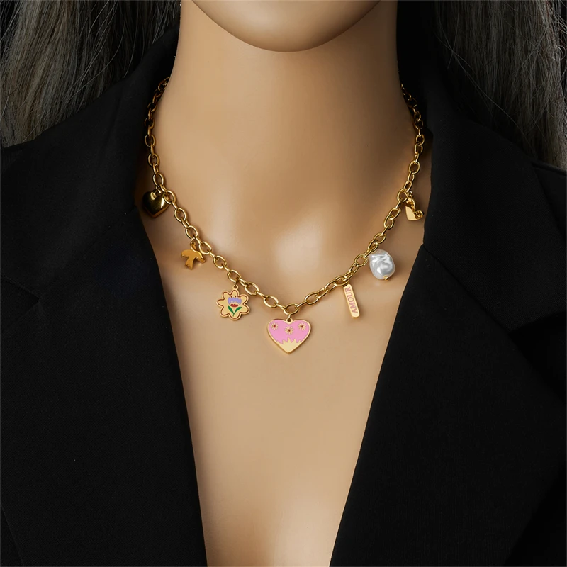 LAMENGLY 316l Stainless Steel Heart Flower Pendant Necklace For Women Trendy Romantic Girl Clavicle Chain Valentine\'s Day Gifts