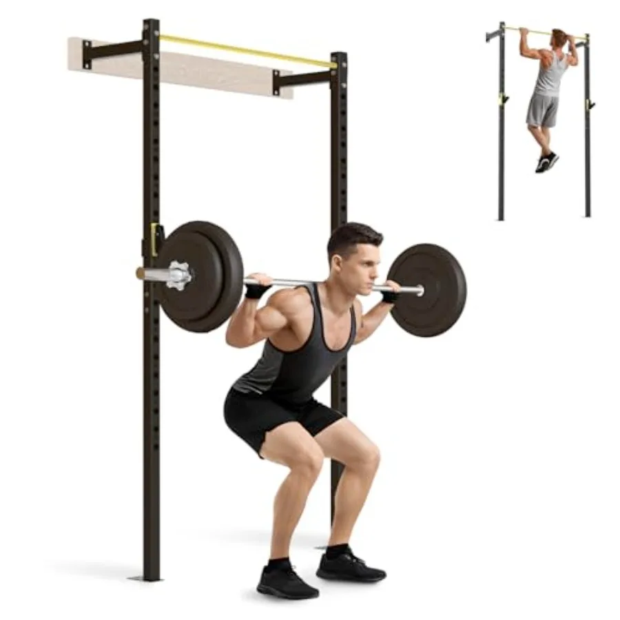 

Wall Mounted Power Cage for Home Gym: 900lbs Squat Rack with Pull Up Bar, Space-Saving 2x2 Steel Frame, Black, Adjustable J-Hoo