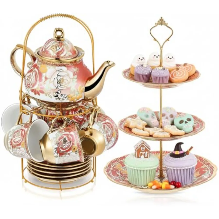 

21 Pcs Porcelain Tea Set for Women Tea Party with Metal Holder and 3 Tier Cake Stand Ceramic European Floral Teapot Set for Adu