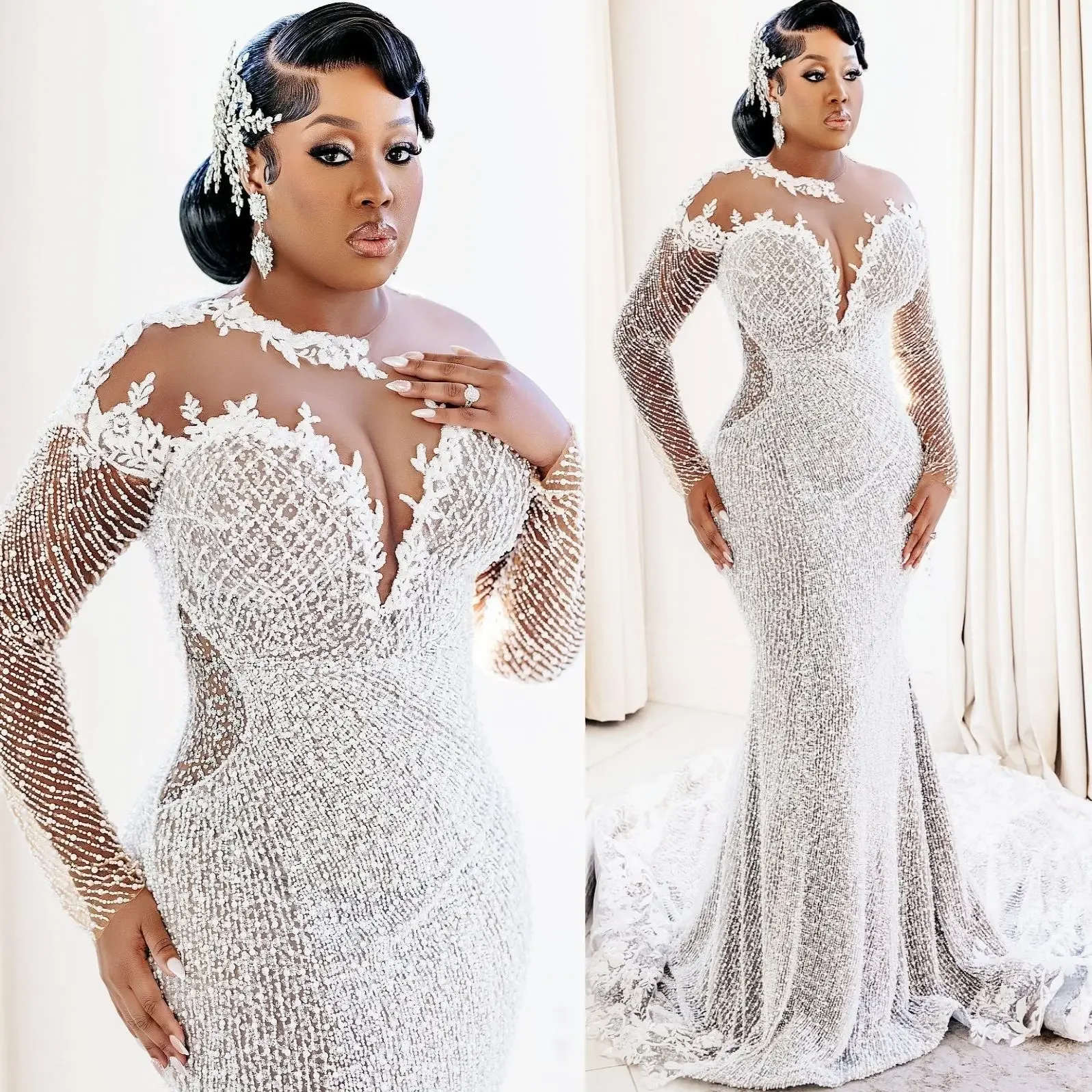 

Индивидуальное арабское свадебное платье больших размеров цвета слоновой кости с жемчугом и бисером, кружево с длинными рукавами, свадебное платье для невест