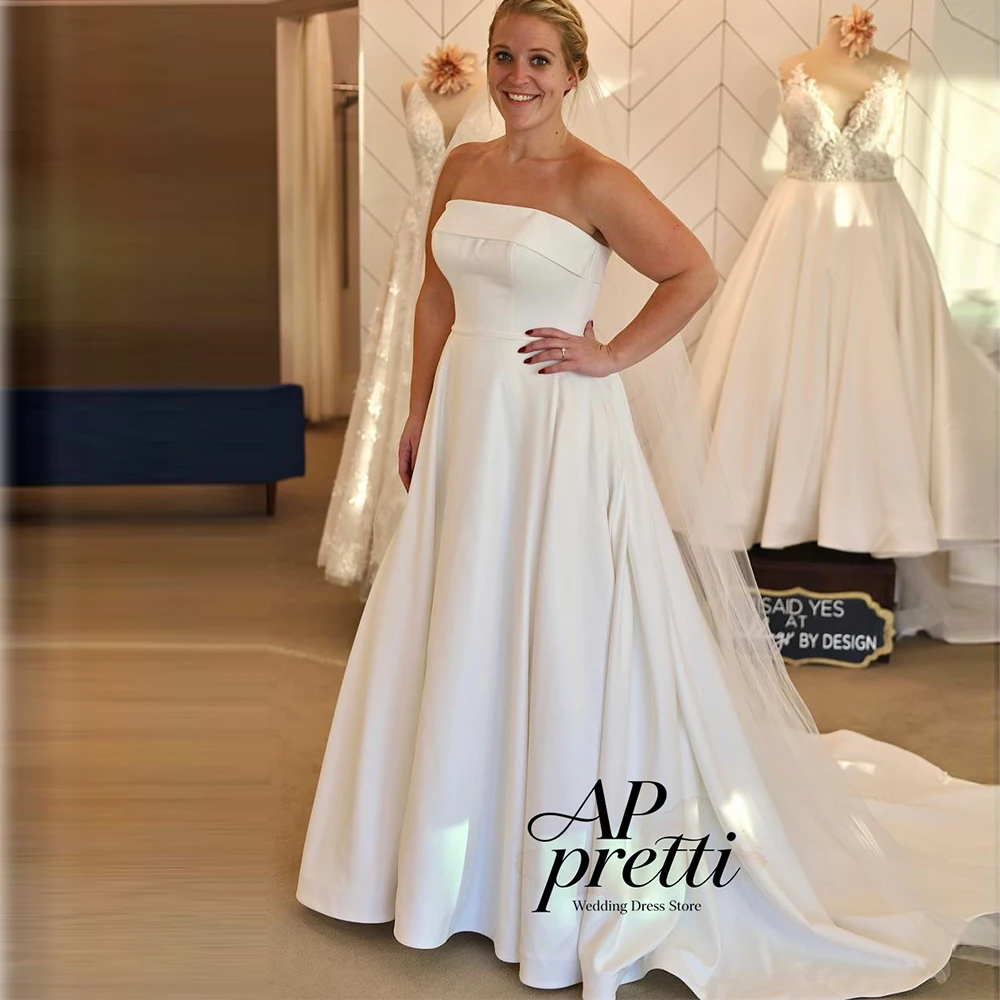 AP pretti Ivory Satin Wedding Dresses Strapless Customized A-line Sleeveless Sweep Train Bridal Gown Vestidos Novias Boda