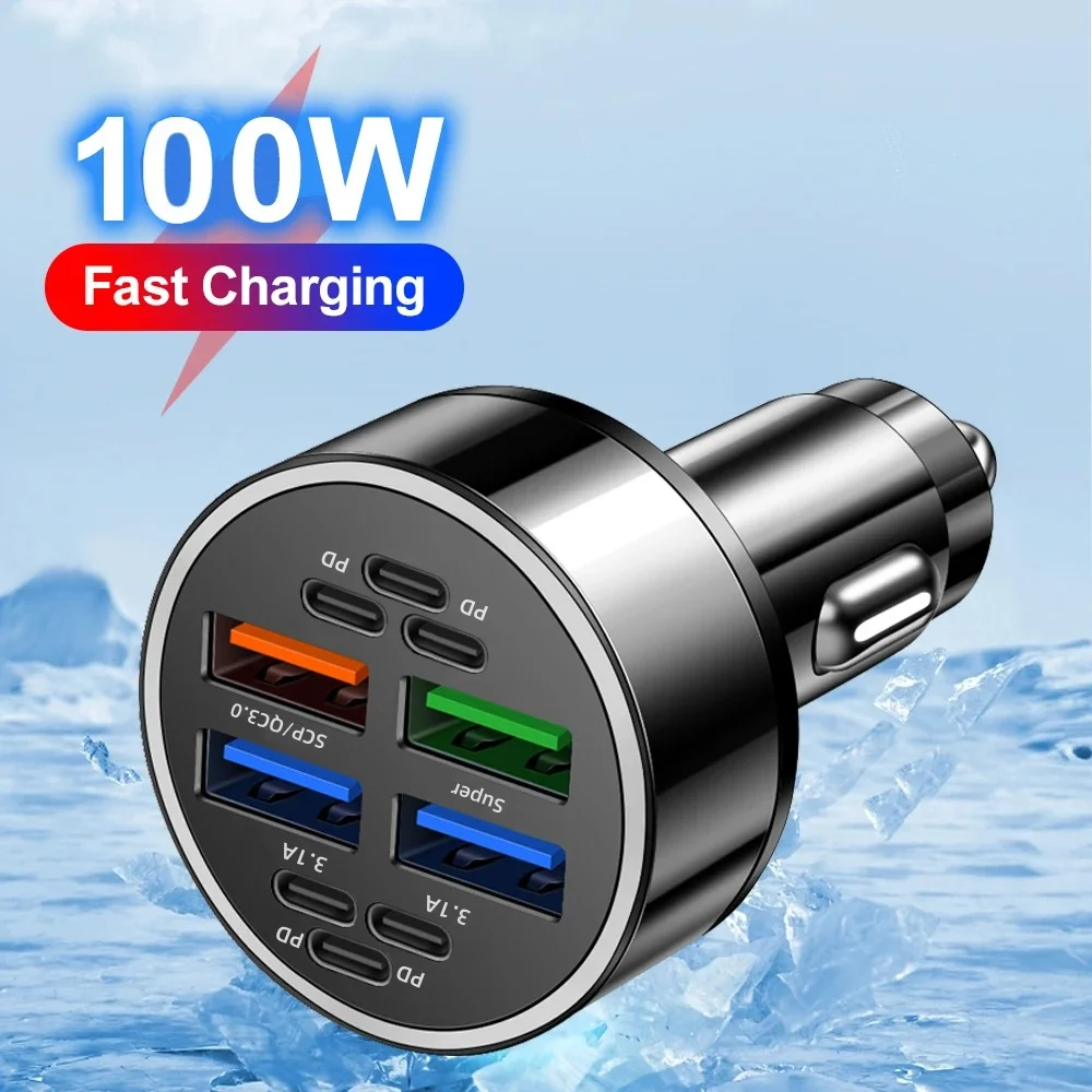 100 واط PD USB شاحن سيارة 10 في 1 سيارة ولاعة السجائر QC3.0 شحن سريع التوصيل شاحن هاتف السيارة فلاش تهمة مع شاشة ديجيتال