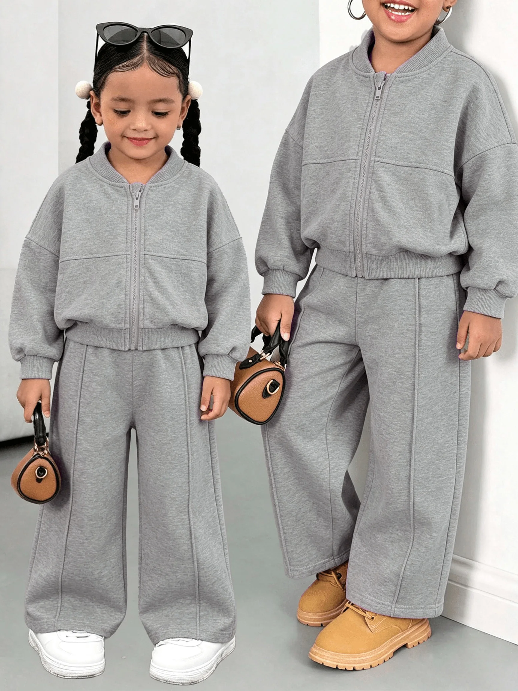 Mädchen 2-teiliges Sport-Casual-Set (Frühling/Herbst): Jacke in Melange-Grau mit Reißverschluss + lässige Hose mit weitem Bein und mittiger Naht – Detail 1