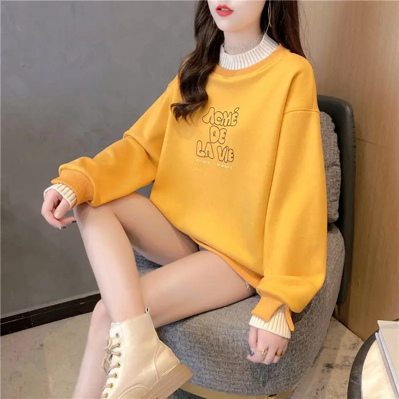 Women\'s Solid Color Pullover Ruffles Patchwork Printing Sweatshirts Autumn and Winter Korean Half High Neck Long Sleeve Tops