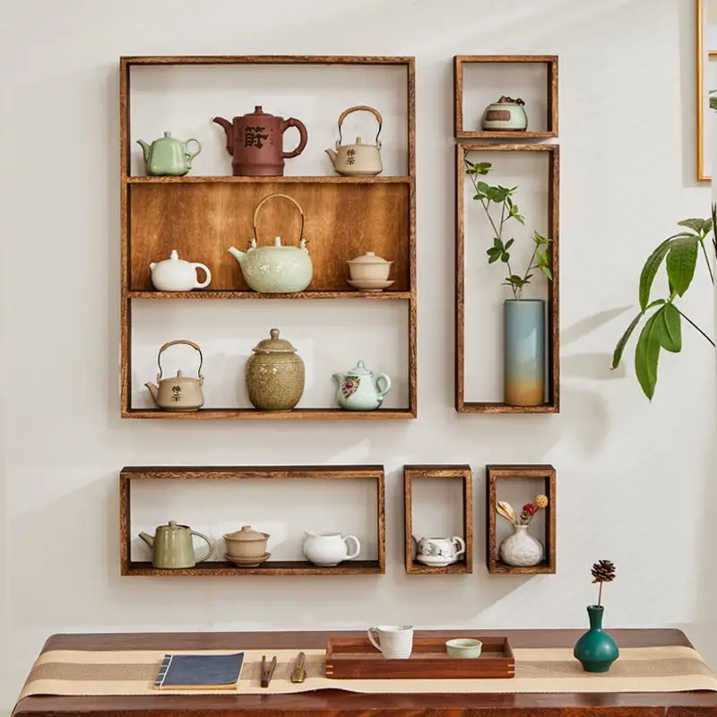 

Solid wood new Chinese Duobao Ge Bogu frame wall lattice storage rack wall hanging combination retro teapot rack