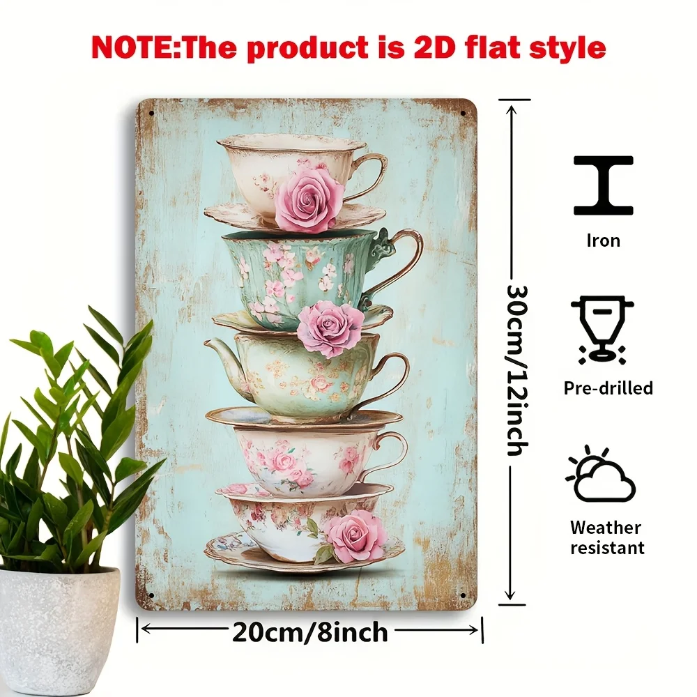 [2D Flat] A 2D Flat Piece Featuring Vintage Tea Party Aesthetics And Retro Wall Decor - Not a Real Teacup, But a 2D Printed Meta