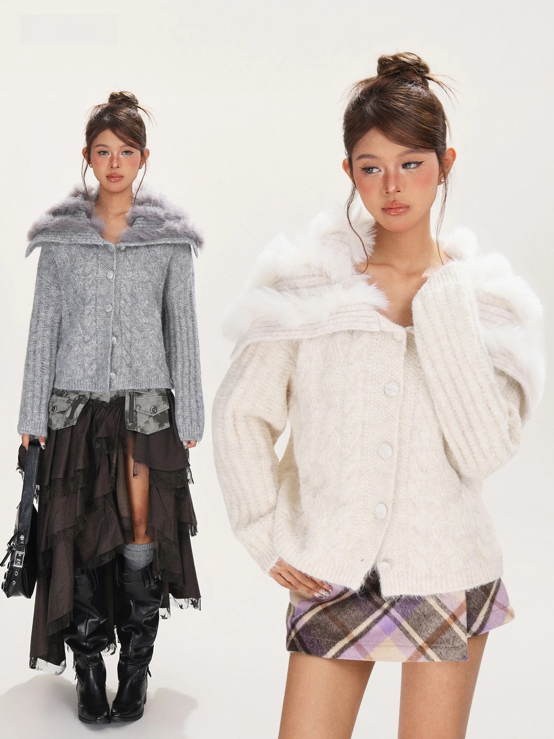 

Свободный вязаный свитер с воротником-стойкой и меховой отделкой для женщин, повседневный свободный топ, однотонная вязаная кофта для молодых девушек