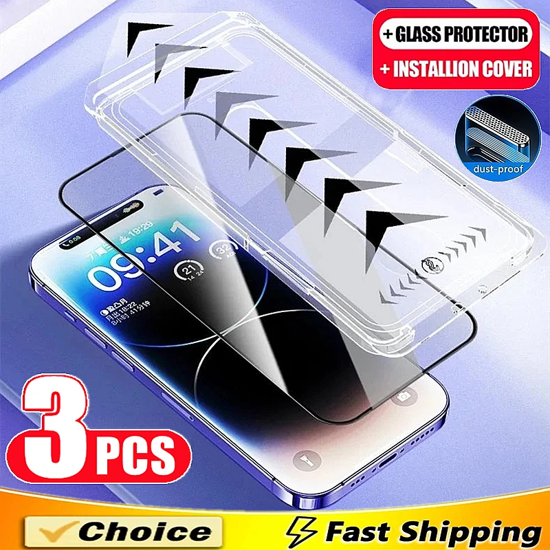 

3Pcs Easy to Installation Oleophobic Dust Proof Screen Protector For iPhone 16 15 14 13 12 11 17 Pro Max XS X XR 16 Plus Glass