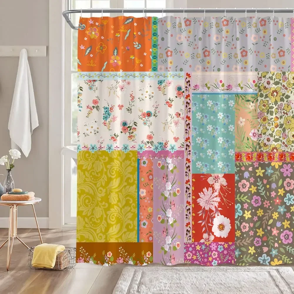 Bohemian Patchwork Print Shower Curtains for Bathroom Colorful Floral Vintage Shower Curtain Bathtubs Waterproof Fabric Screen