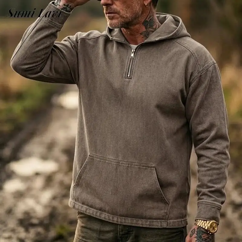 1. Fashion Men Denim Hoodie Polo Shirts 2026 Spring Autumn Half Zip Solid Color Daily Casual Mens Stylish Sports Tops For Men