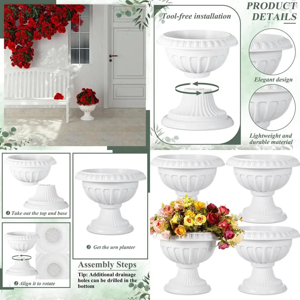 

Классические уличные кашпо из 4 предметов, 12x10 дюймов, белые пластиковые вазы на подставке для сада, патио и веранды