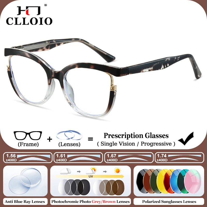 

CLLOIO Trendy Butterfly Optical Myopia Prescription Glasses Women Anti Blue Light Progressive Photochromic Protection Eyeglasses