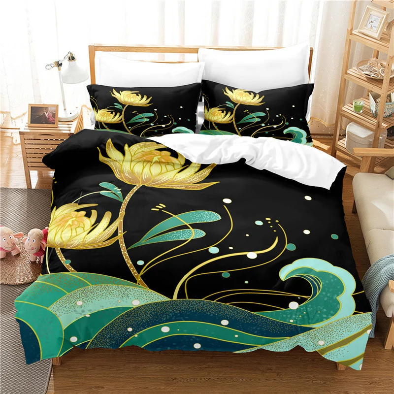 

Lotus Floral Duvet Cover King Microfiber Water Hibiscus Bedding Set Flower Leaves Quilt Cover Nature Art Theme Bedspread Cover