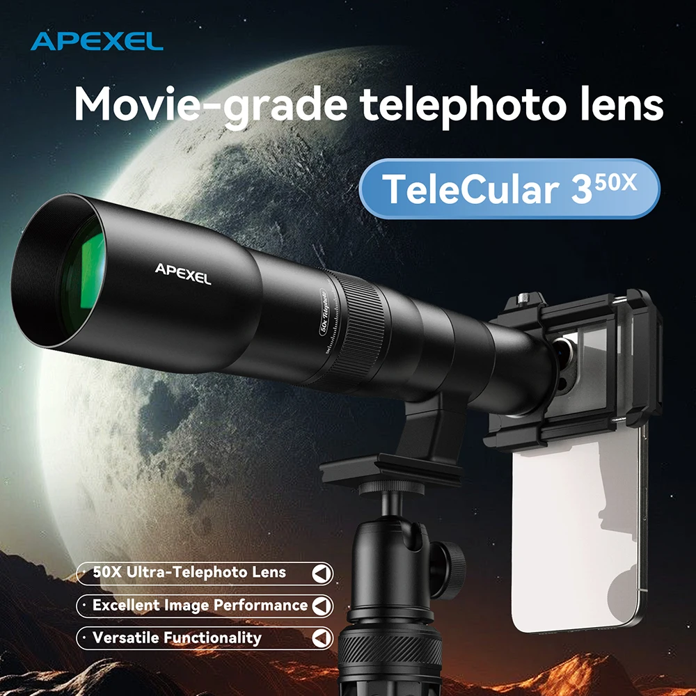 

APEXEL T50X High Magnification Phone Telephoto Lens Kit, Cellphone Telescope with Tripod for Stargazing, Fishing, and Camping
