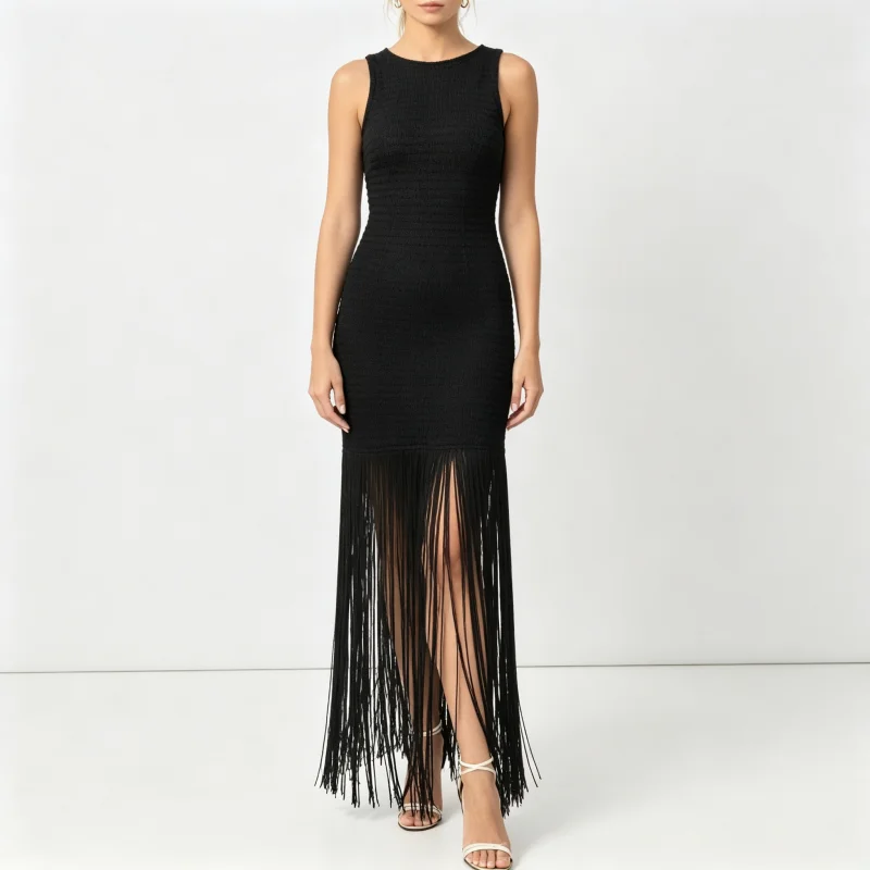 Men'S Formal Wear For Wedding Guest - Women Sleeveless Fringe Split Midi Dress