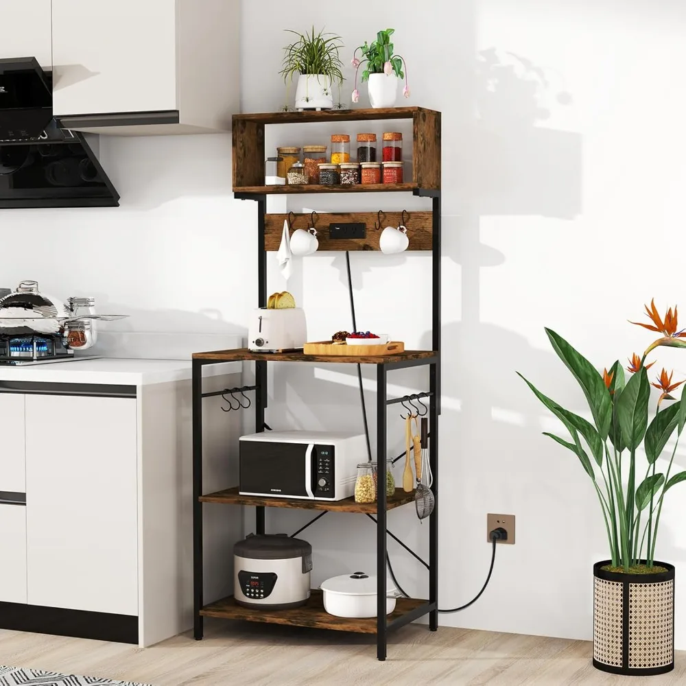 

Кухонная стойка для микроволновой печи с розеткой, высота 60 дюймов, с открытыми полками и 10 крючками для подвешивания, на заказ