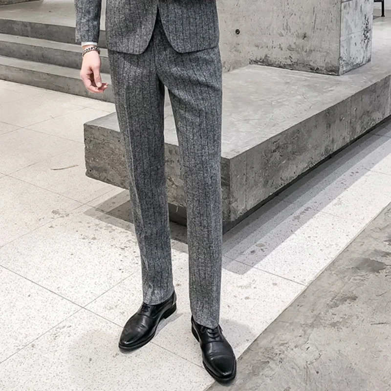 2025 남성용 뉴 버건디 네이비 체크 무늬 캐주얼 정장 바지, 베이지/블루 세로 스트라이프 비철 슬림 소형 다리 작업 바지 남성용