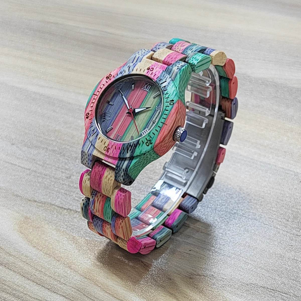 Reloj de cuarzo con correa de bambú colorida para mujer, con números romanos reloj de pulsera, esfera pequeña, relojes de madera, regalos