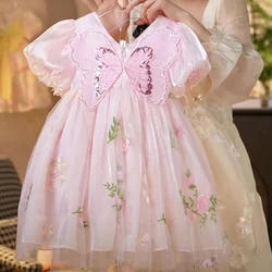 Summer style girl's kid clothes baby clothing butterfly print sweet doll collar petal sleeve dress princess dress baby dress