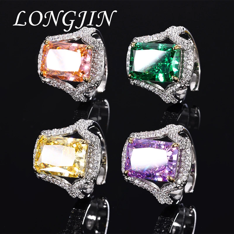 LONGJIN Fine Jewelry Full Gem Diamond Adjustable Ring Yellow Pink Green Created Moissanite for Women Party Gift Free Shipping