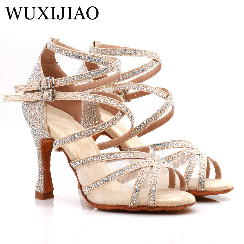 WUXIJIAO Dance Shoes Latin Woman Salsa Silk Satin Dancing Shoes Glitter Rhinestone Professional Dance Shoes Ballroom Soft Bottom