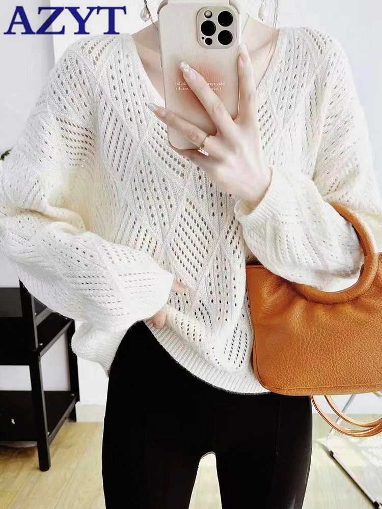 

AZYT Hollow Out Knitwear Woman Sweater Pullovers Korean Loose O Neck Jumper Female Sweater O Neck Solid Color Knitwear Tops 2023