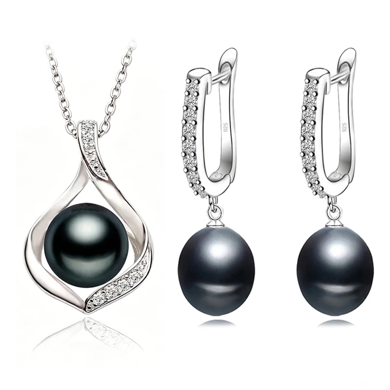 

Black Natural Freshwater Pearl Necklace Earrings Set Women,Dangling 925 Sterling Silver Pearl Jewelry Set Mother Wife Gift White