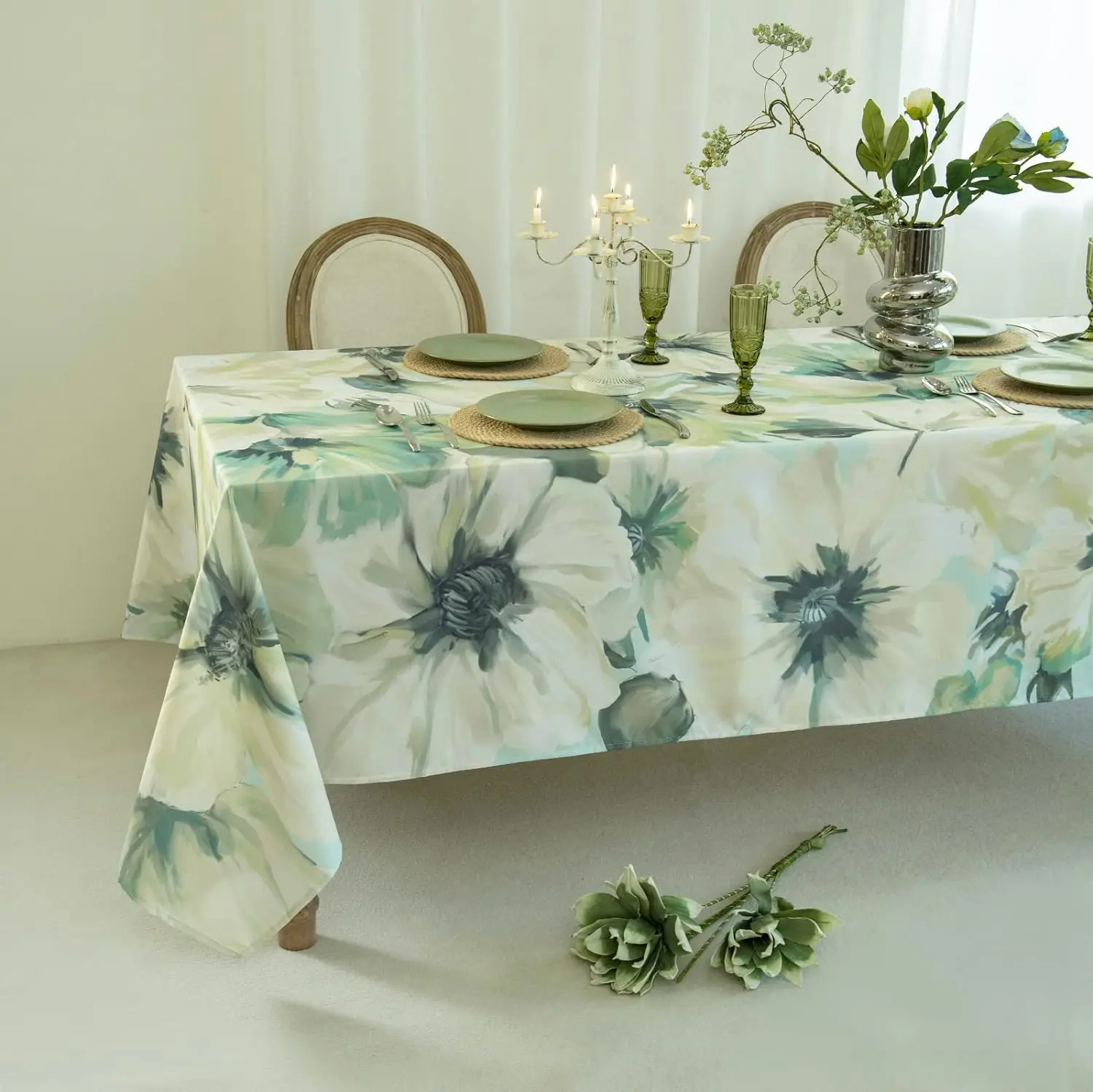 White Poppy Printed Tablecloth Spring Flowers Waterproof  Floral Table Decor for Home Party Dining Farmhouse Picnic Tablecloth