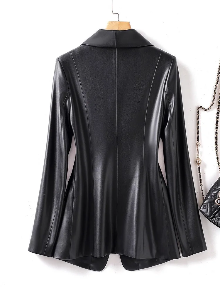 Nuovo Donne Primavera Autunno Split Blazer in pelle Moda Colletto dentellato Pulsante singolo Vita sottile Giacca in pelle Cappotto casual Donna