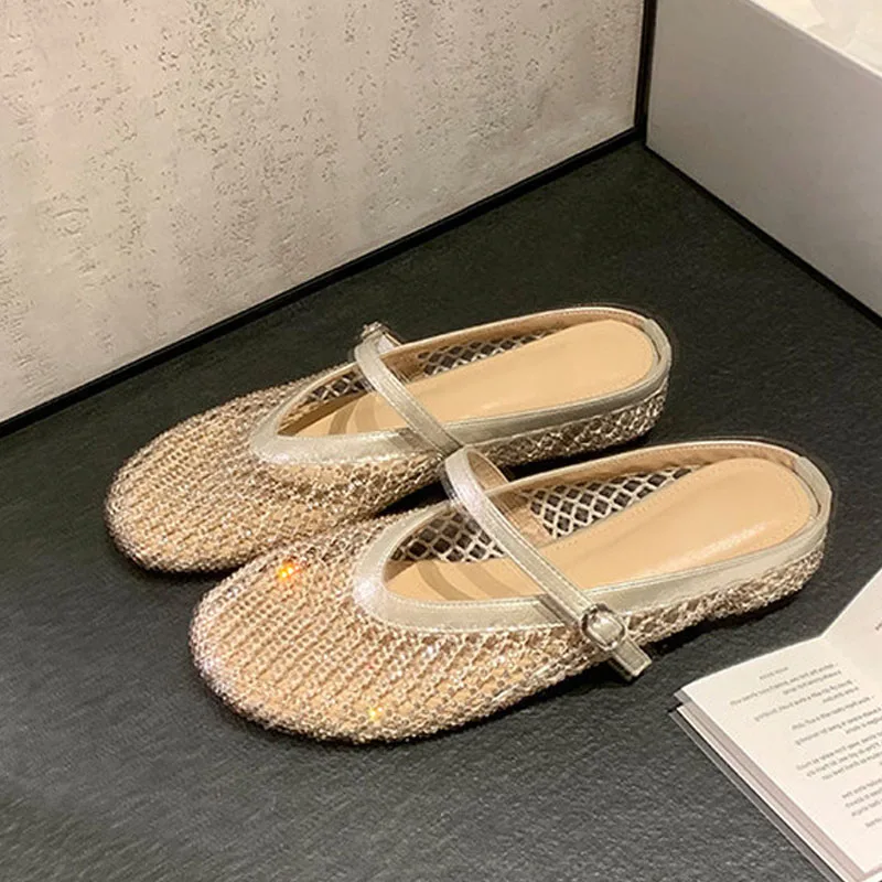 

Eilyken Bling Crystal Breathable Mesh Round Toe Mule Slippers Women Fashion Elegant Low Heels Buckle Strap Shoes