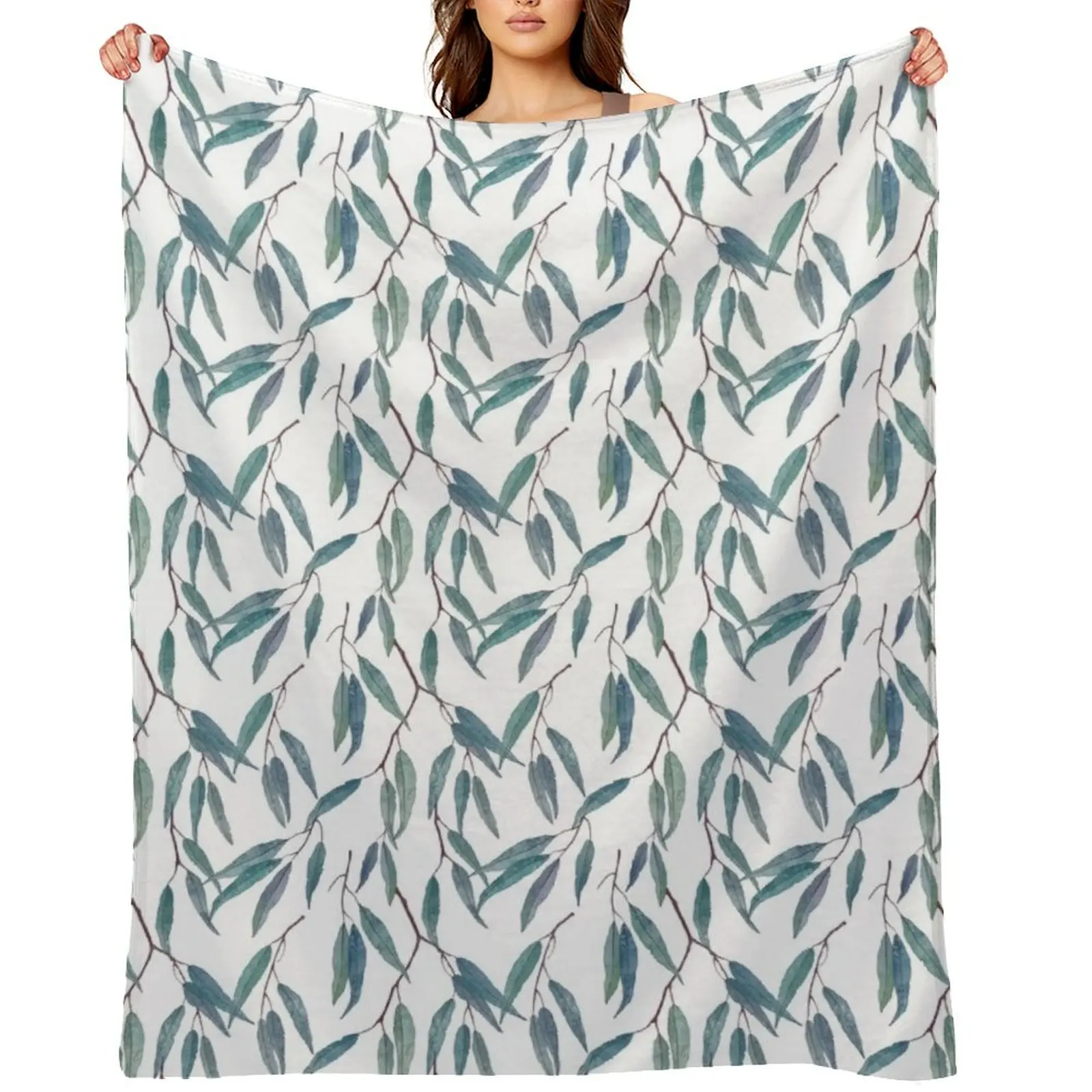 

Eucalyptus leaves on white Throw Blanket Thermals For Travel Multi-Purpose Tourist Luxury Throw Blankets