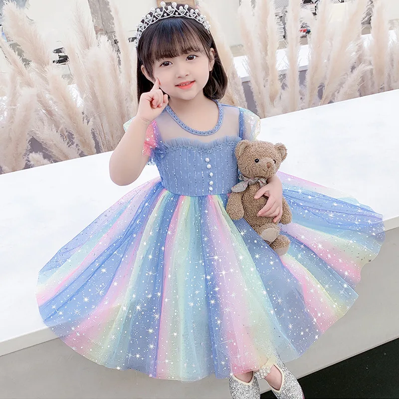 

Girls' Summer Clothes2025Puff Sleeve Dress Rainbow Princess Dress Little Girl Children's Dress Gauze Dress Princess Style