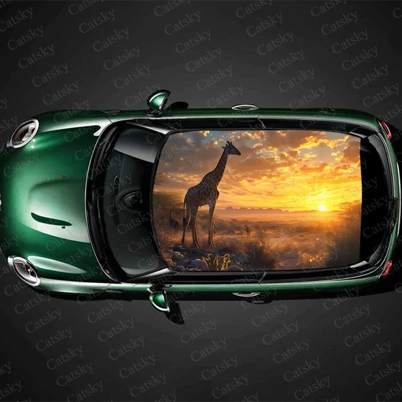 Sunrise with Giraffe Car Roof Sticker Wrap Racing SUV Accessories Packaging Painted PVC Custom Car Graphic Decal