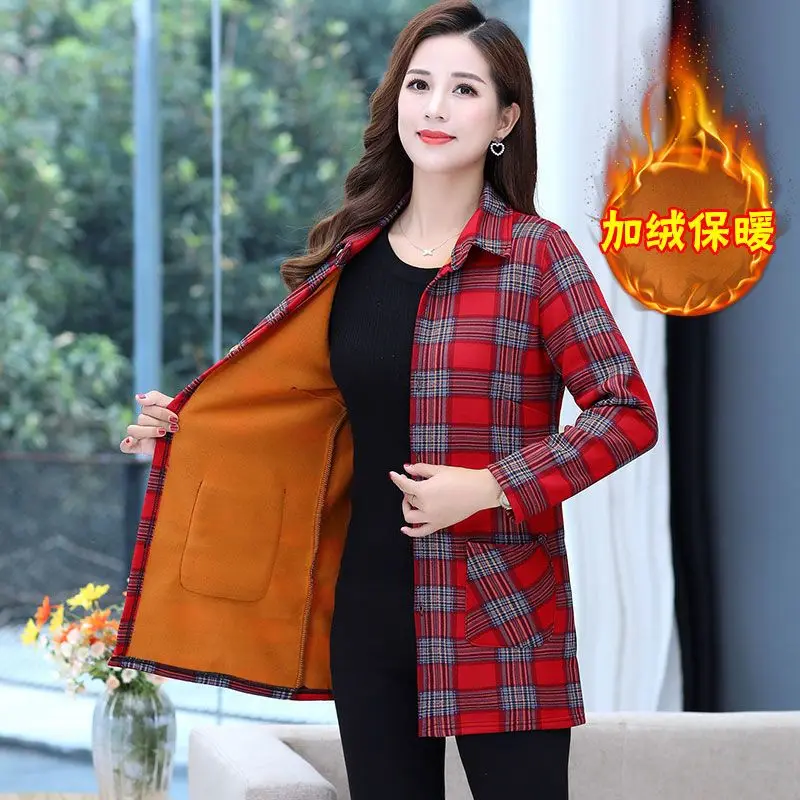 Autumn Winter Thick Office Lady Shirts Casual Turn-down Collar Ladies Long Sleeve Blouses Plaid 2023 New Loose Women\'s Clothing