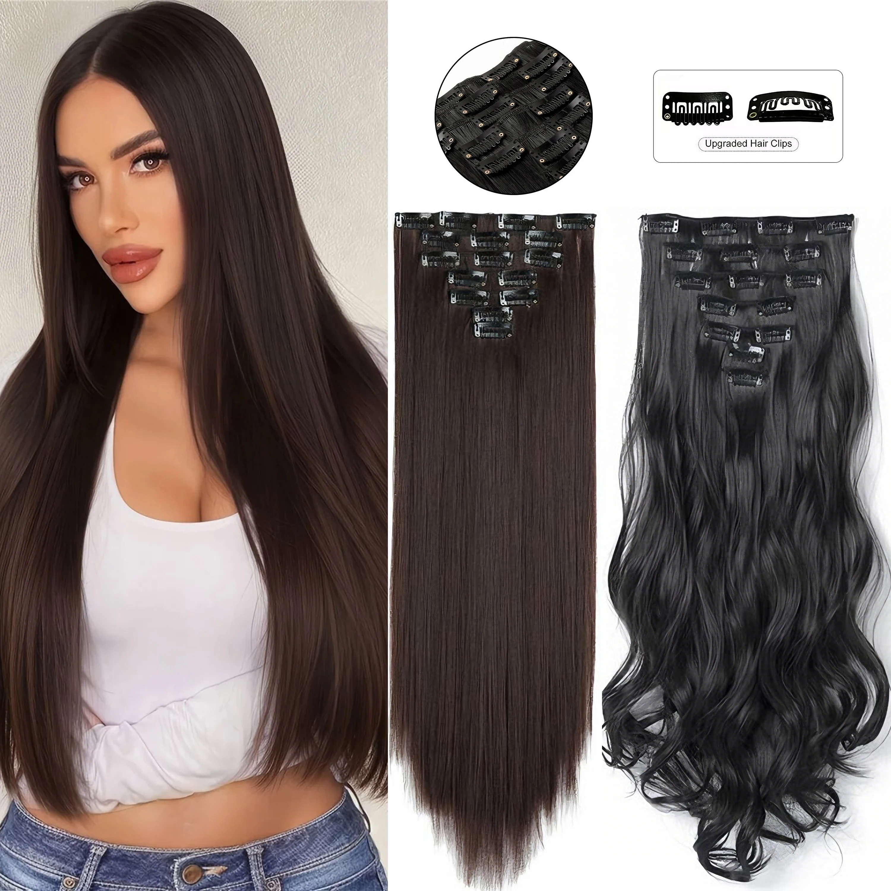 

Synthetic 22Inches 16 Clips in Hair Extensions Long Straight Hairstyle Loose Wavy Hairpieces Heat Resistant False Hair Daily Use