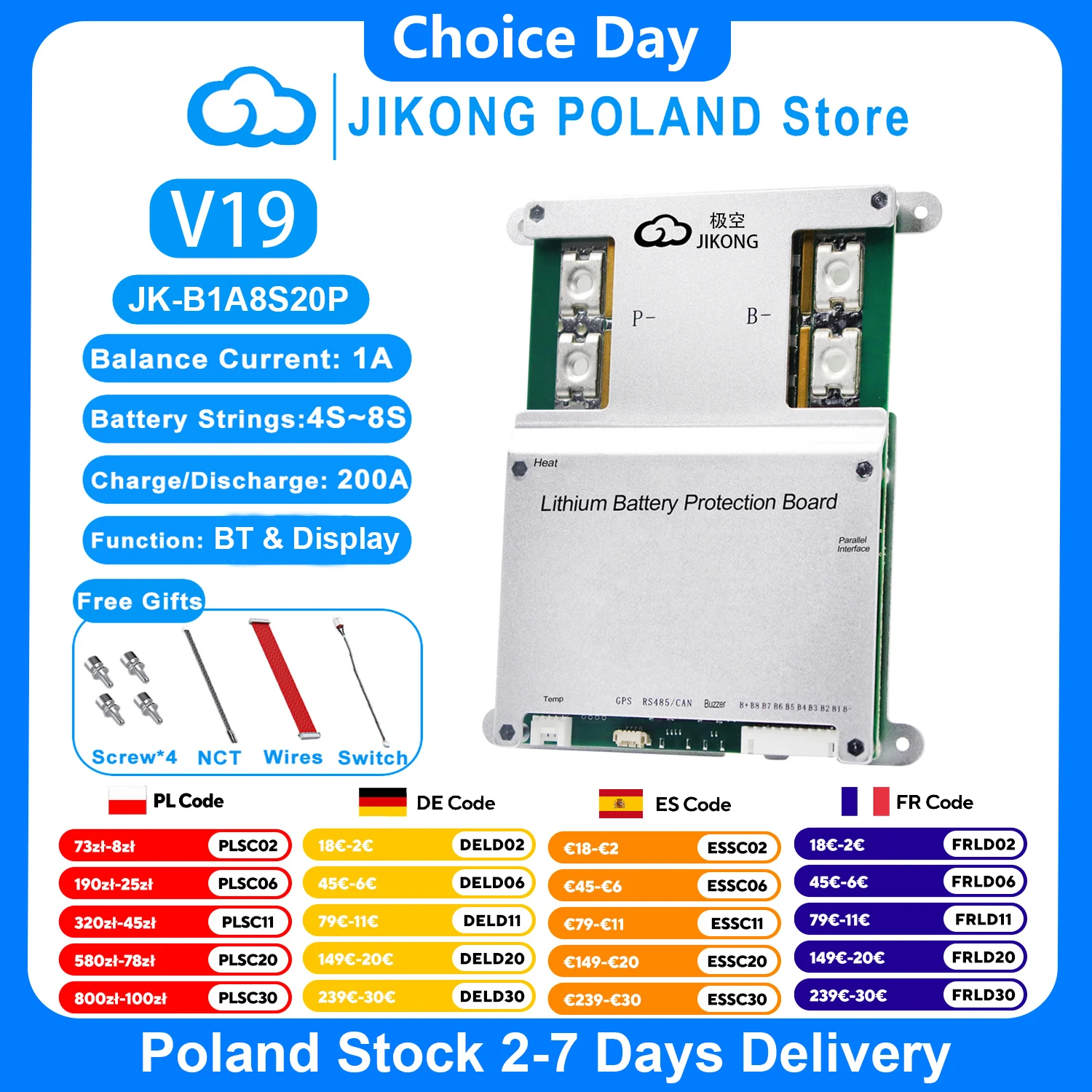 JIKONG V19 JK BMS B1A8S20P 4S-8S Smart BMS BT RS485 Calore CAN 1A 2A Corrente 200A Bilanciatore attivo per batteria agli ioni di litio Lifepo4 Lto