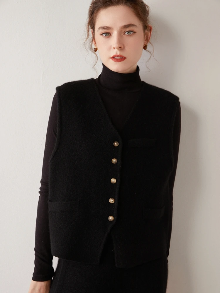 100% Pure Cashmere Knitted Cardigan Vest Autumn Winter Women V-neck Single Breasted Solid Elegant Neat Sleeveless Waistcoat