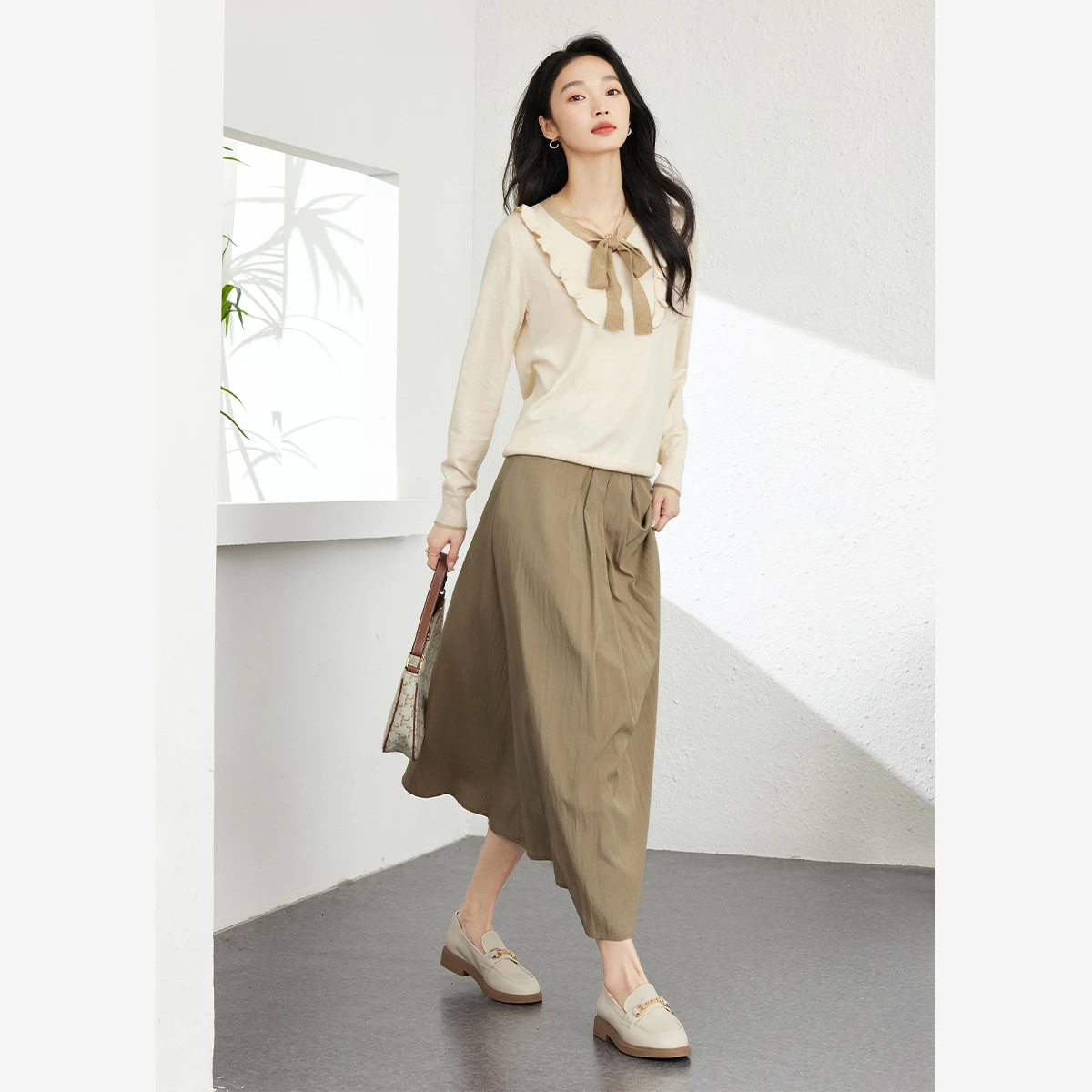 VIMLY Women's Ruffle V-neck Lace-up Knit Blouse Long A-line Skirt Two Piece Set Elegant Commuter Elegant Matching Outfit 16566