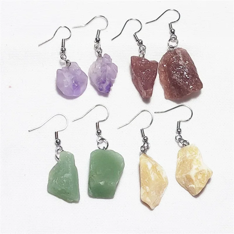 Irregular Rough Raw Ore Natural Stone Earrings Fluorite Amethysts Quartz Crystal Agates Stainless Steel Hook Earrings