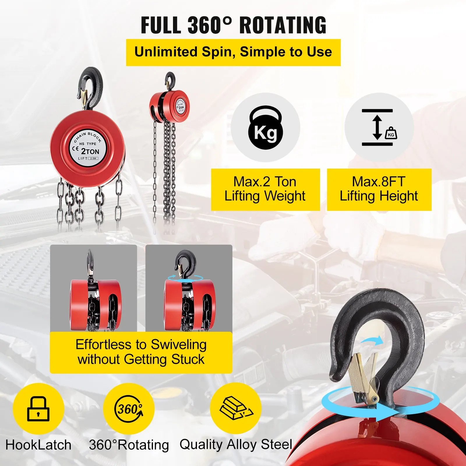 Hand Chain Hoist, 4400 lbs /2 Ton Capacity Chain Block 8ft/2.5m Lift Manual Industrial-Grade Steel Construction for Lifting Good