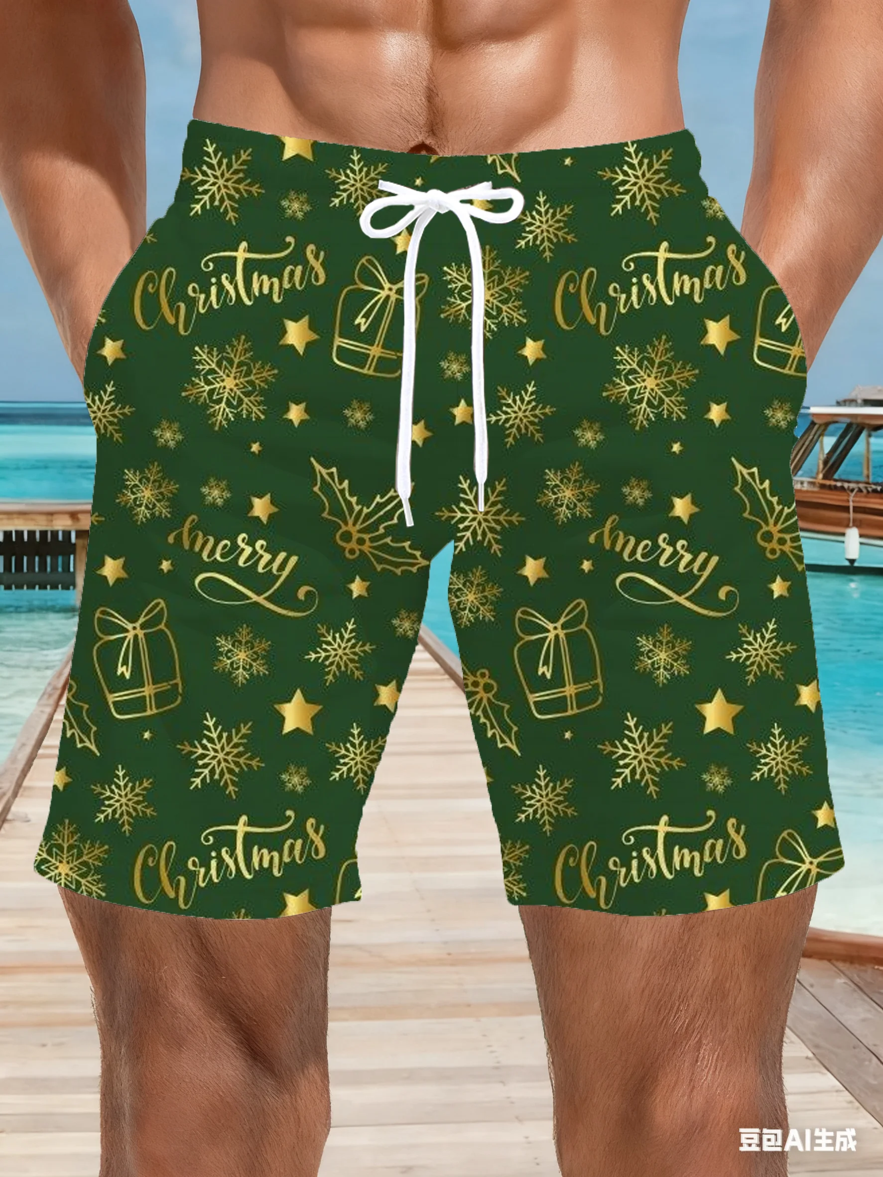 Vacanza estiva Vacanza Pantaloncini hawaiani Pantaloncini da bagno natalizi da uomo Rosso e bianco Fiocco di neve e agrifoglio Stampa Abbigliamento da spiaggia ad asciugatura rapida