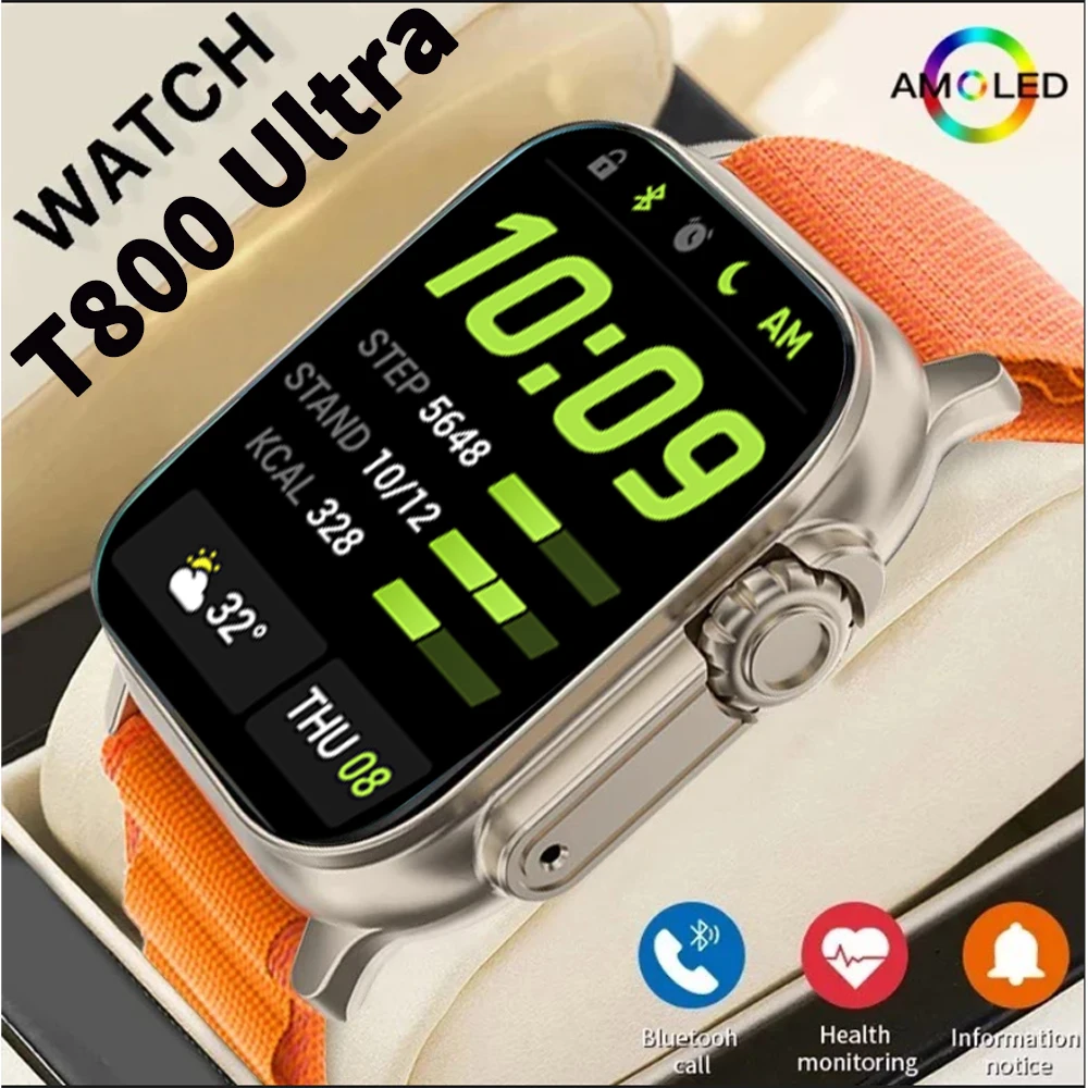 ساعة ذكية 2025 T800 2 للرجال 49 ملم سلسلة 8 2.3 بوصة شاشة AMOLED NFC بوصلة مقاومة للماء لساعة أبل IWO Ultra 8 الذكية