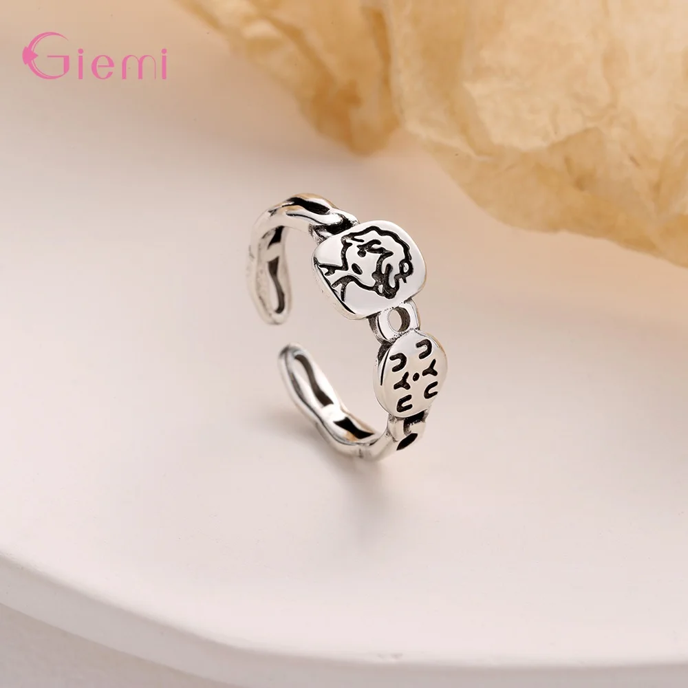 Creative Cute 925 Sterling Silver Engrave Open Adjustable Finger Rings For Women Girls Anniversary Party Fashion Jewelry Gifts