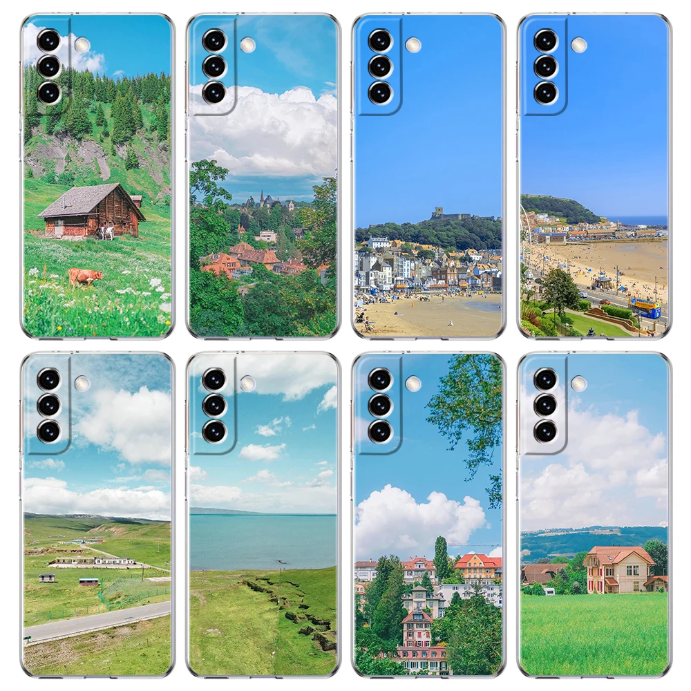 Phone Case For Samsung Galaxy S26 S25 S24 Plus S23 FE S22 S21 S20 Ultra 5G S10 Soft Clear Cover Blue Sky White Cloud Home Grass
