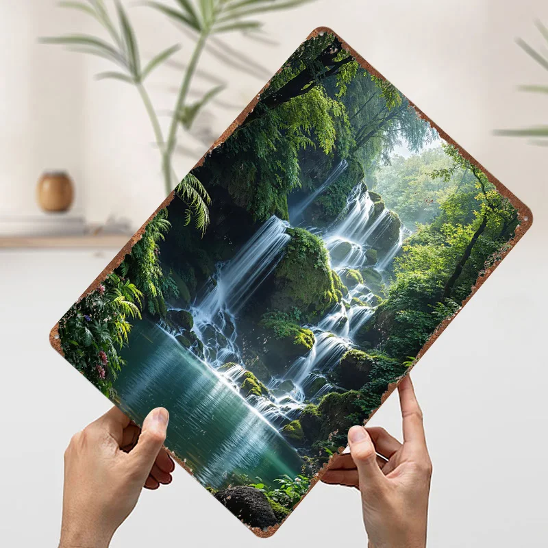 شلال سيرين في الغابة الخصبة ملصق معدني علامات القصدير على جدار الفن علامة معدنية مخصصة للجدار الفن الديكور الرجعية #3