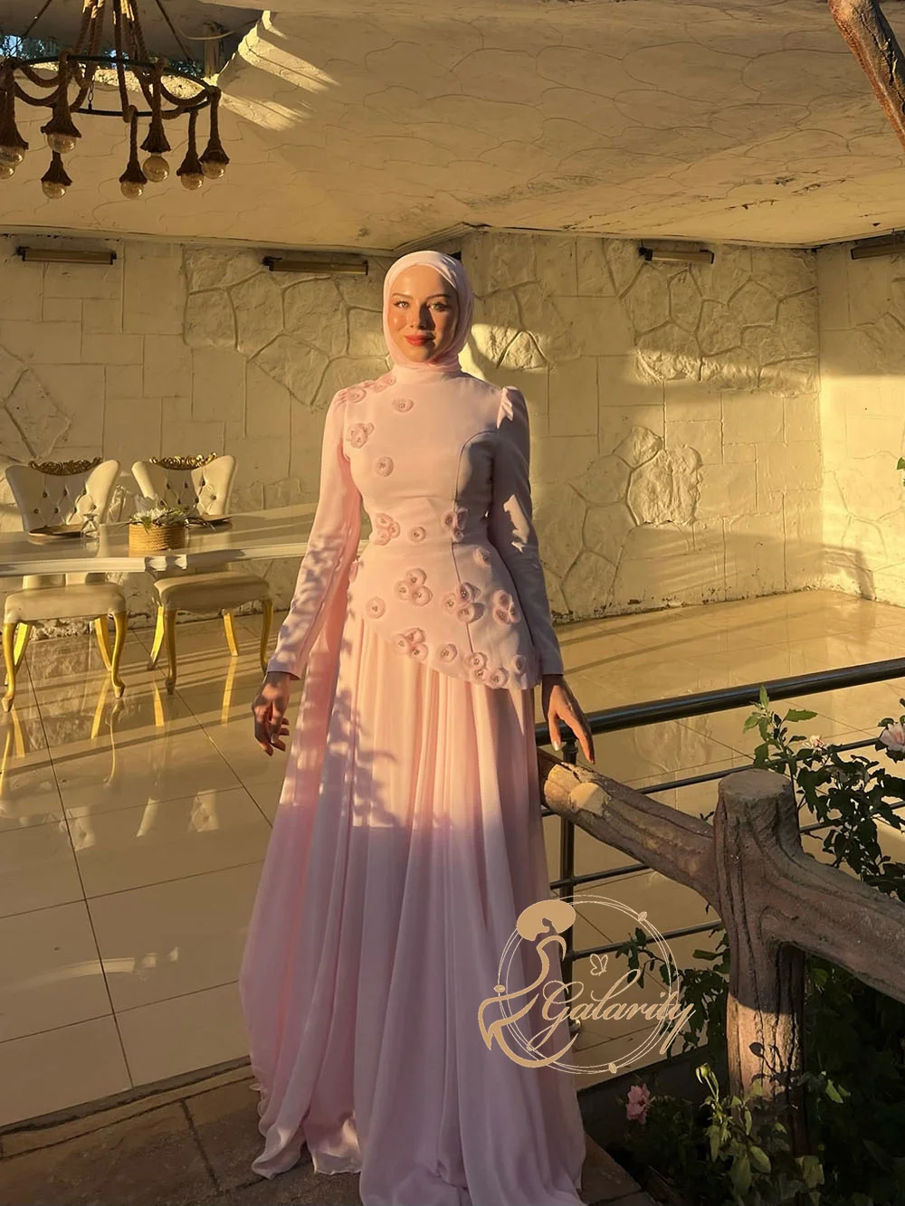 Galarity Pink Luxury Prom Dress 3D Flower Pleated Draped Muslim Saudi Evening Dress Formal Occasion Gown Party Dress Customizd
