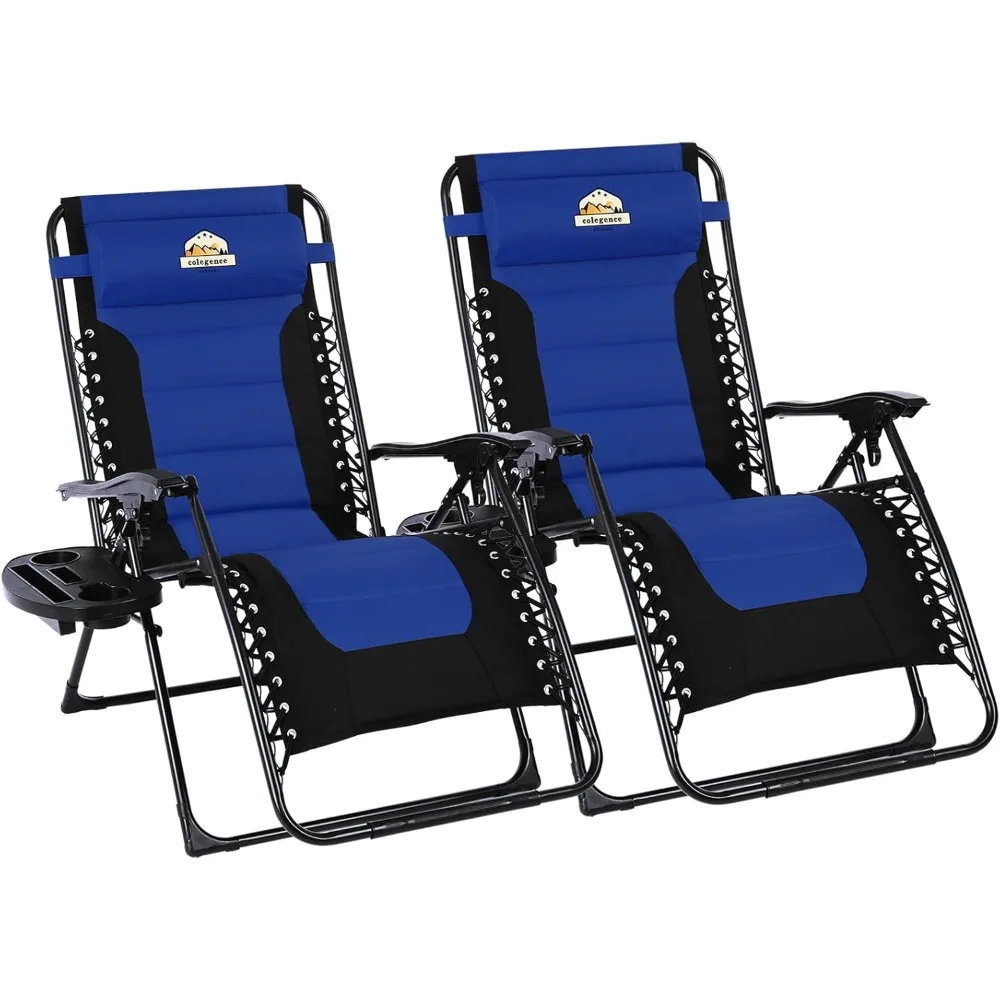 

Double Set of Oversized Cushioned Zero Gravity Lounge Chairs, Foldable Outdoor Recliners with Cup Holders