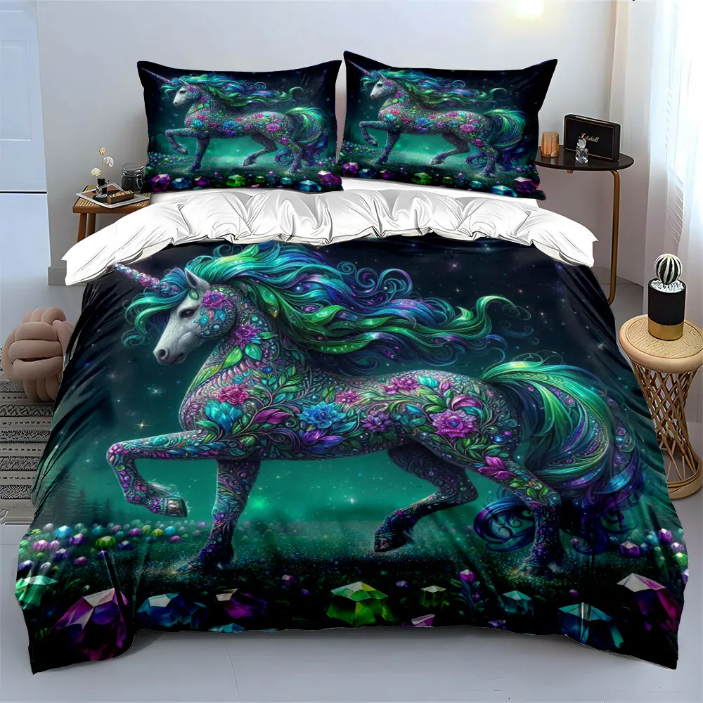 

Magical Painted Unicorn on Gemstone Meadow Duvet Cover Set with 3D Printing Design Soft Polyester Bedding Set All-Season Comfort
